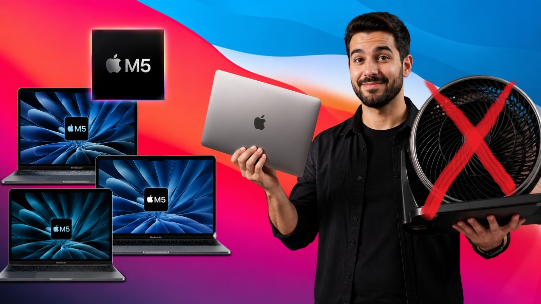 من موقع فون إسلام: يظهر رجل يحمل جهاز MacBook وجهاز MacBook Air عليه علامة شطب، محاطًا بأربعة أجهزة MacBook مزودة بشريحة Apple M5 وشعار شريحة M5، على خلفية ملونة.