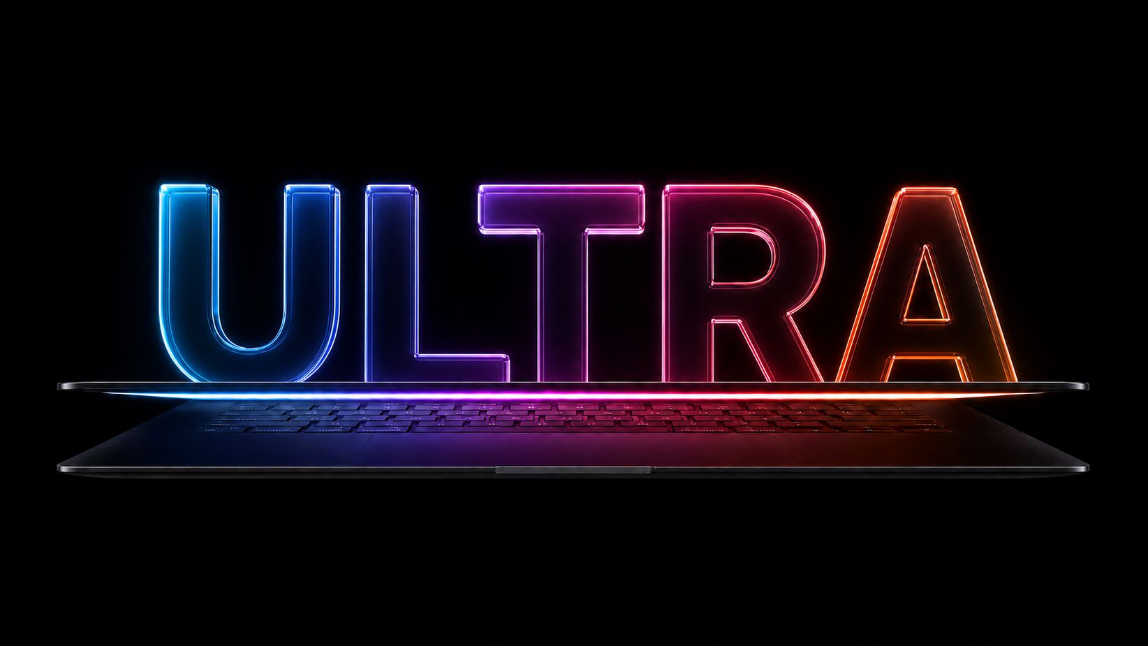 من موقع فون إسلام: تظهر كلمة «ULTRA» بألوان نيون متوهجة خلف جهاز كمبيوتر محمول رفيع ومفتوح جزئيًا على خلفية سوداء، لتجسد الروح الابتكارية لأجهزة آبل وتُبرز الميزات المتطورة لجهاز ماك بوك الموجودة في كل جهاز ماك بوك ألترا.