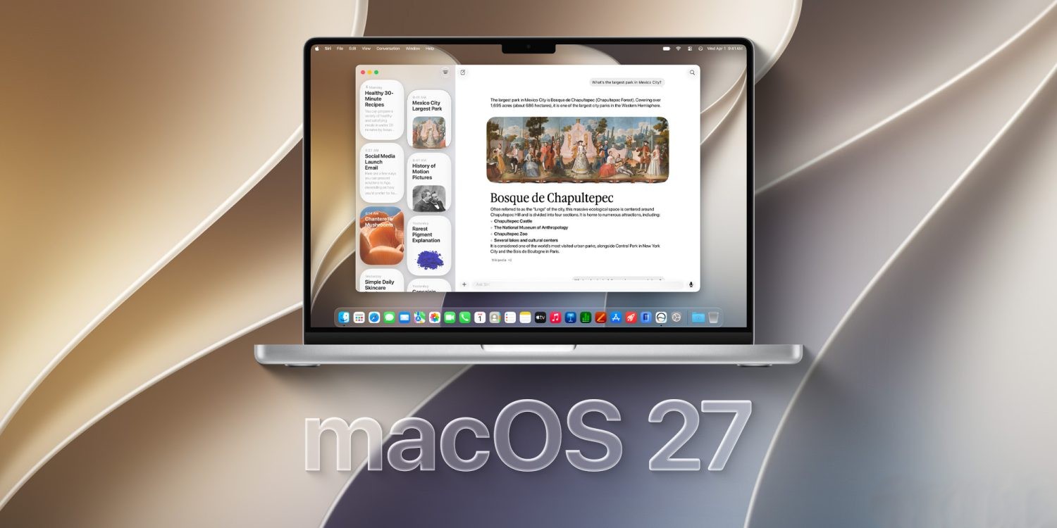من موقع فون إسلام: يعرض جهاز «ماك بوك ألترا» واجهة نظام التشغيل macOS 27 مع نوافذ التطبيقات وأيقونات «الدوك»، على خلفية تجريدية ضبابية تحمل نص «macOS 27»، مما يسلط الضوء على بعض ميزات جهاز «ماك بوك» المتقدمة في أجهزة آبل المحمولة.