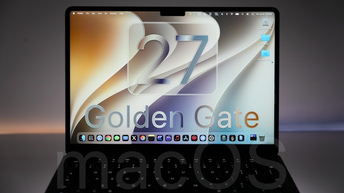 من موقع فون إسلام: يُظهر جهاز MacBook، وهو أحد أحدث أجهزة آبل المحمولة، سطح مكتب نظام macOS 14 مع النص «27 Golden Gate» فوق خلفية تجريدية وصف من أيقونات التطبيقات في الجزء السفلي، مما يسلط الضوء على بعض أبرز ميزات جهاز MacBook.