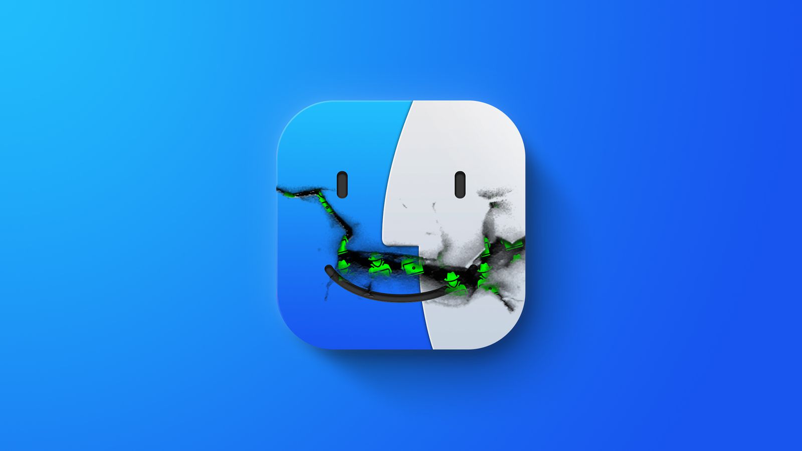 From the Phonegram website: The 'Finder' icon in macOS is cracked and damaged, showing black cracks and glowing green shards on the smiley face on a blue background, as if reflecting 'Weekly News' breaking through the familiar interface.