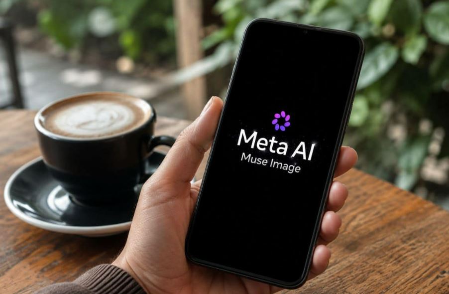 من موقع فون إسلام: يد تمسك بهاتف ذكي تظهر على شاشته السوداء شعار «Meta AI Muse Image»، مما يسلط الضوء على قوة الذكاء الاصطناعي. وفي الخلفية، يظهر فنجان قهوة موضوعًا على طاولة خشبية، مما يضفي لمسة من الدفء على هذه اللحظة العصرية على «ميتا إنستغرام».
