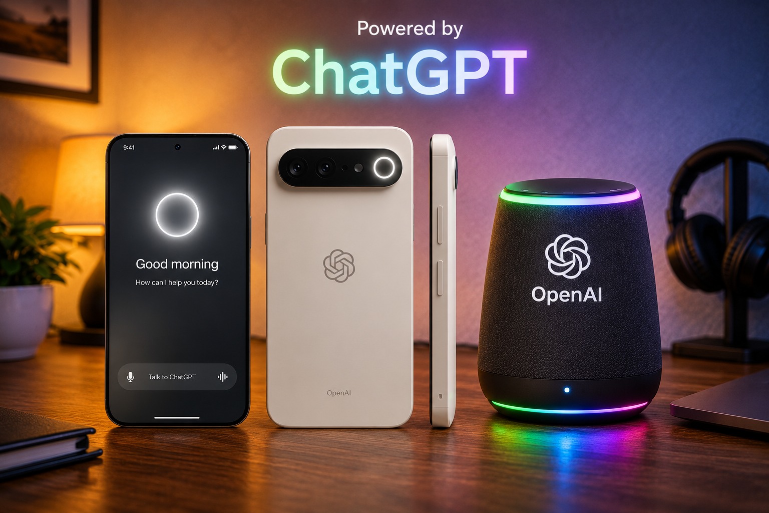من موقع فون إسلام: يظهر هاتف ذكي، وجهازان ذكيان من OpenAI، ومكبر صوت ذكي يحمل شعار OpenAI، معروضة على مكتب تحت العبارة «مدعوم من ChatGPT».