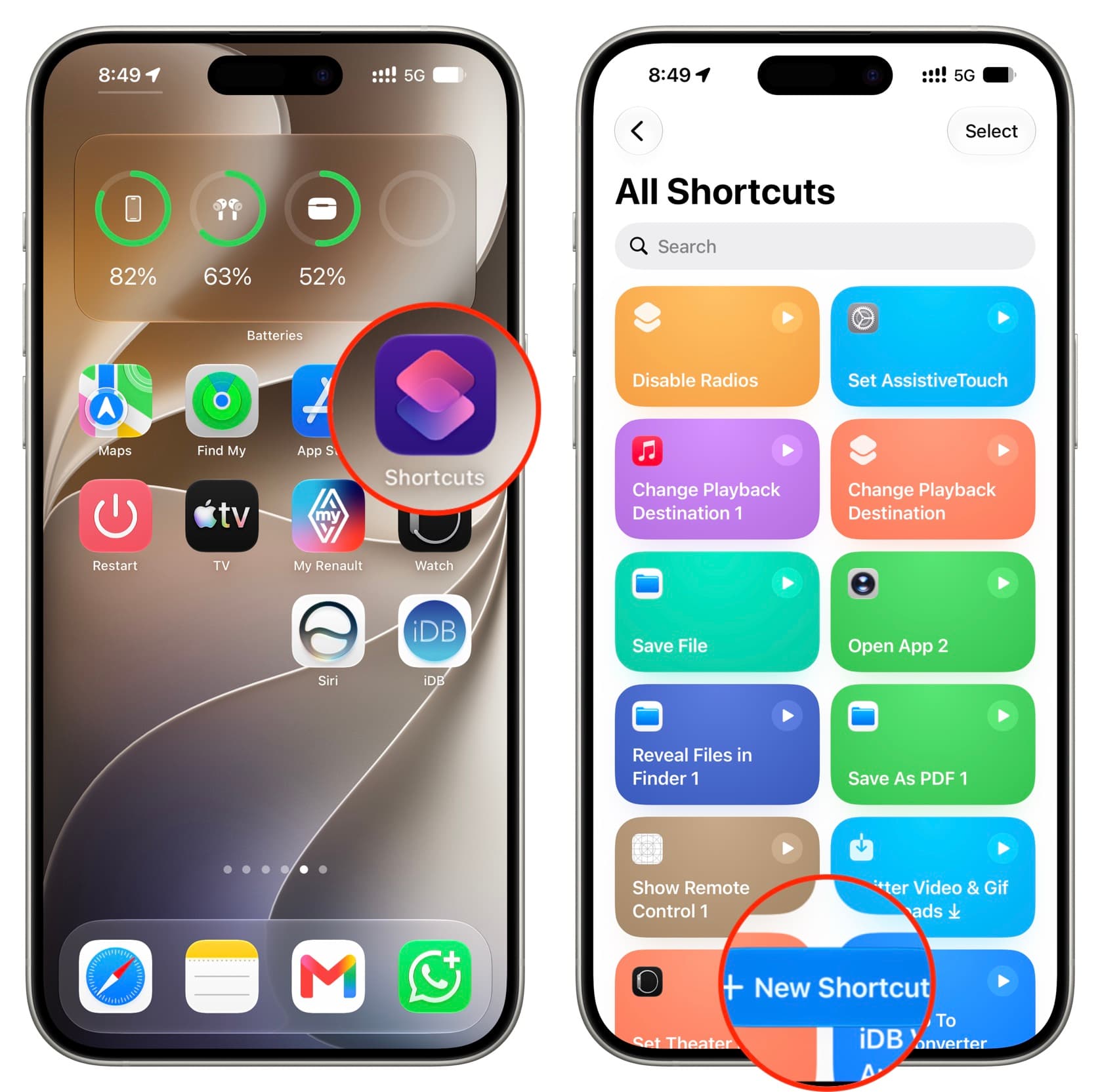 من موقع فون إسلام: يُظهر جهازي آيفون تطبيق «الاختصارات» على نظام التشغيل iOS 27؛ حيث يُظهر الجهاز الأيسر أيقونة التطبيق على الشاشة الرئيسية، بينما يُبرز الجهاز الأيمن خيار «+ اختصار جديد» في شاشة «جميع الاختصارات».