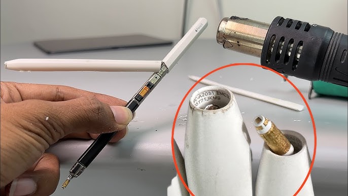 From Phonegram website: The image shows the new Apple Pencil after being disassembled, placed near a heat gun; the inset shows a close-up of the broken tip of the stylus and its internal components.