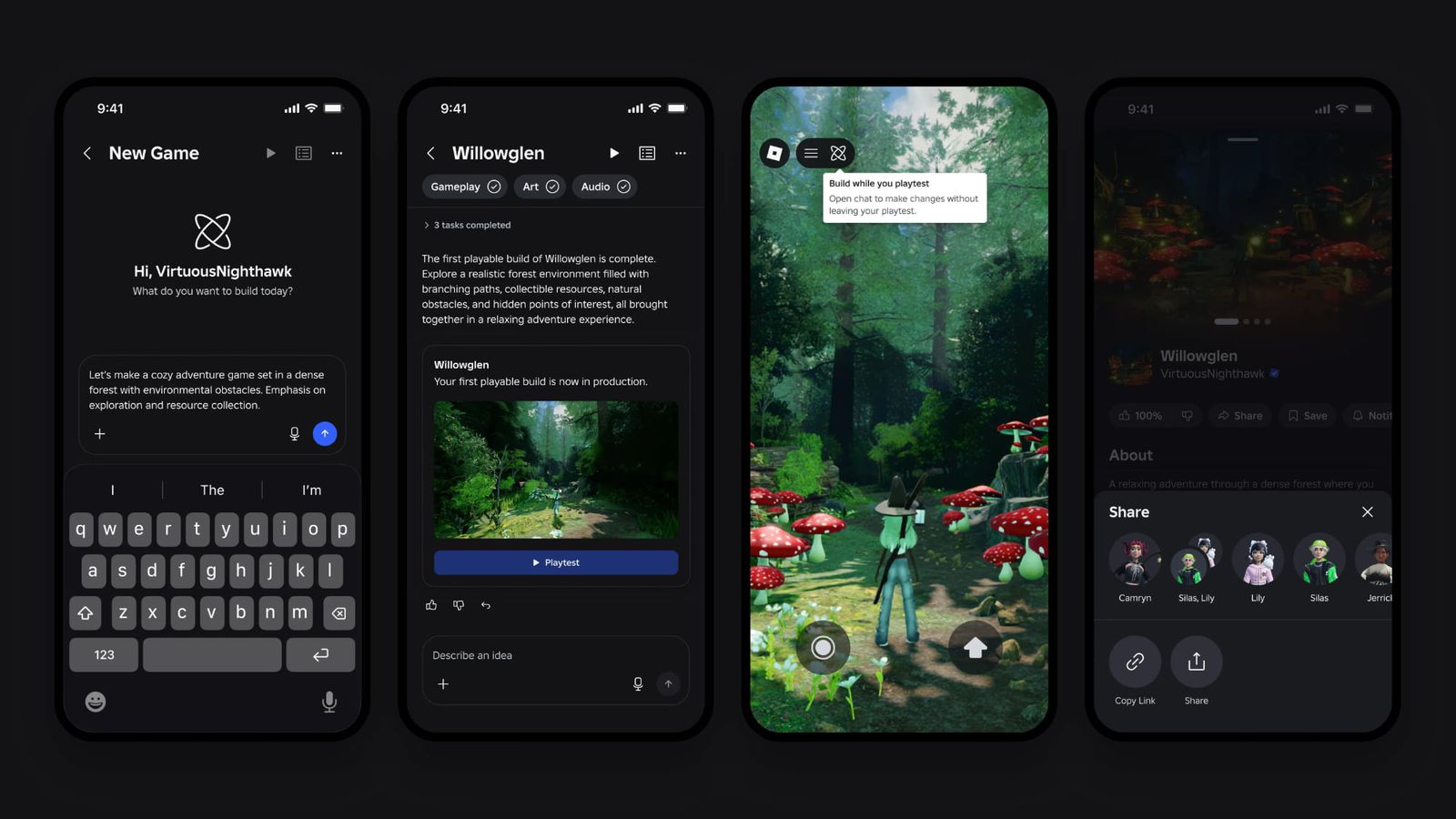 From the Phonegram website: Four smartphone screens show a user naming a game, reading its details, exploring a 3D fantasy forest teeming with mushrooms, and sharing the game with other users — ideal for those who enjoy 'Tech News' and want to keep up with the latest innovations in mobile gaming.