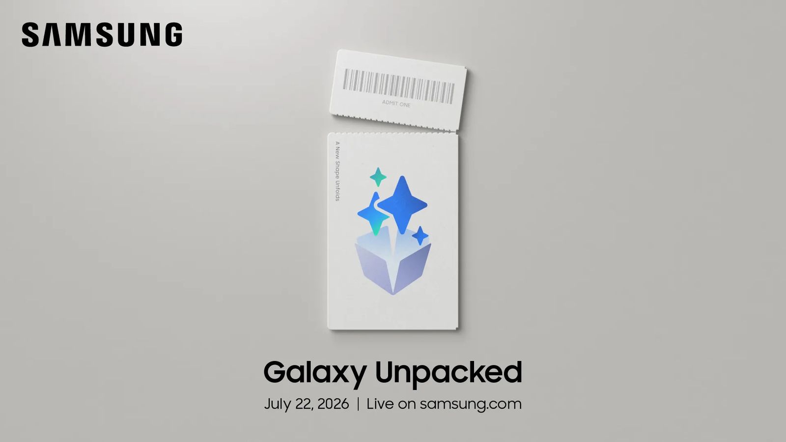 من موقع فون إسلام: دعوة لحضور فعالية «Samsung Galaxy Unpacked» تتضمن تذكرة ورسمة تجريدية لنجمة زرقاء. تابعوا «أخبار التقنية» مع انطلاق الفعالية مباشرةً على موقع samsung.com في 22 يوليو 2026.