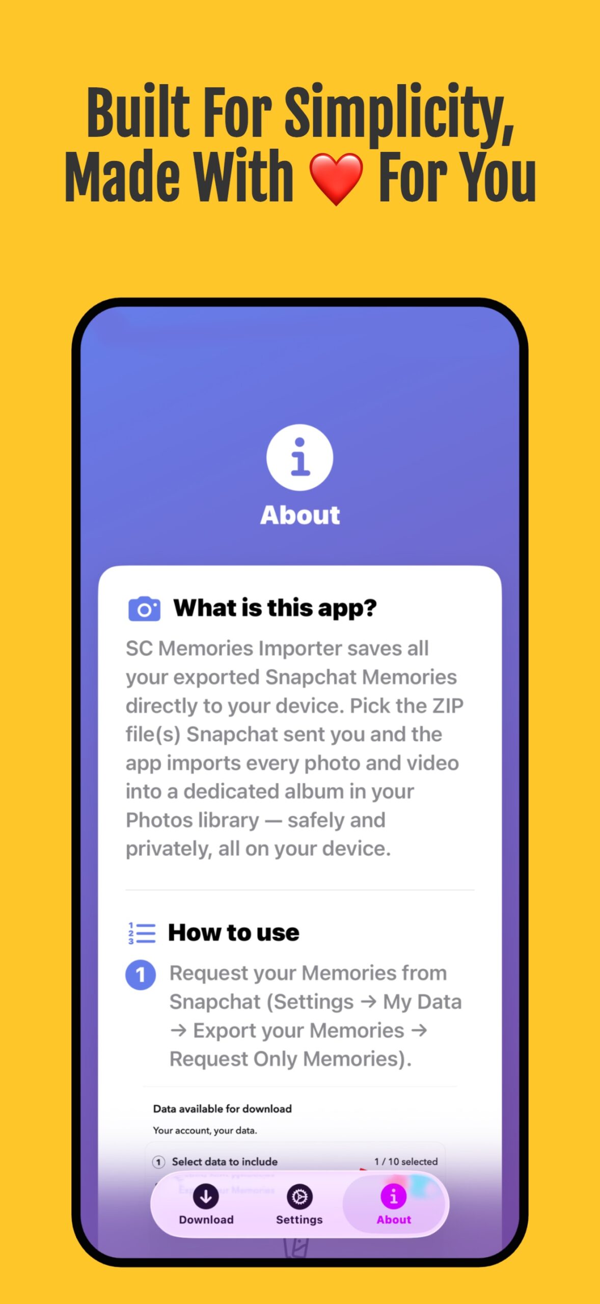 من موقع فون إسلام: شاشة هاتف ذكي تعرض صفحة تطبيق بعنوان «حول»، تشرح تطبيق SC Memories Importer لنقل ذكريات سناب شات وخطوات استخدامه، مع نص أعلى الصفحة يقول: «صُمم من أجل البساطة، وصُنع بـ❤️ من أجلك».