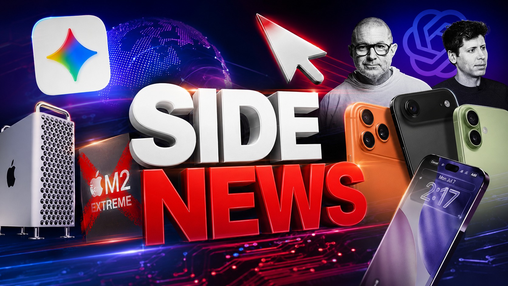 من موقع فون إسلام: كولاج يتضمن نص «Side News»، وأجهزة Apple، وشعارات، ورجلين، ومؤشر فأرة الكمبيوتر، ورسومات رقمية في الخلفية — مثالي لتوضيح «ملخص الأخبار» أو «أخبار التكنولوجيا الأسبوعية».