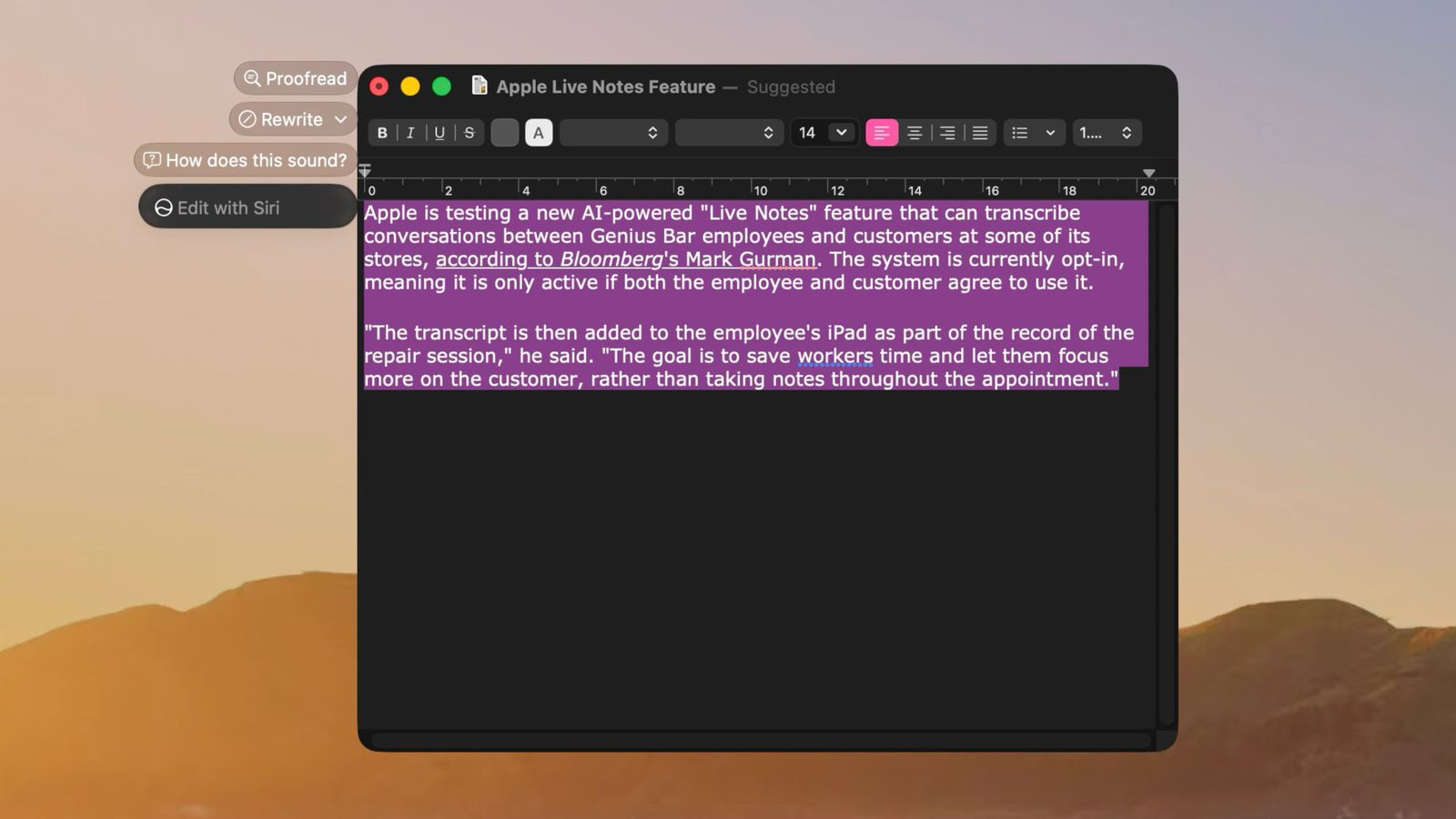 From the Phonegram website: The computer screen shows a text editor containing an article highlighted about the 'Live Notes' feature powered by AI from 'Apple', intended for interactions between employees and customers, and provides a weekly summary of the latest tech news related to this innovative tool.