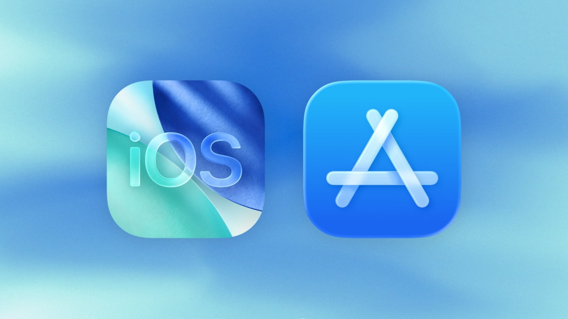 من موقع فون إسلام: أيقونتان لتطبيقين على خلفية زرقاء متدرجة: إحداهما لنظام iOS مع نص مصمم بشكل فني، والأخرى لمتجر التطبيقات مع رمز «A» أبيض.