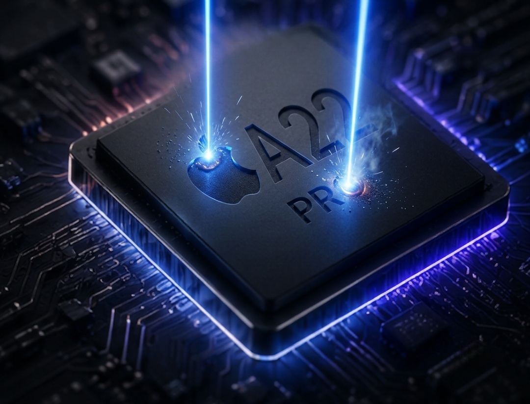 من موقع فون إسلام: لقطة مقربة لشريحة «Apple A22 Pro» على لوحة دوائر كهربائية، حيث يضرب سطحها شعاعان ليزر أزرقان، مما ينتج عنه شرارات وتأثير متوهج — وهو ما قد يتيح لنا إلقاء نظرة على الأجهزة المتطورة التي قد تشغل هاتف «آي-فون 2028».