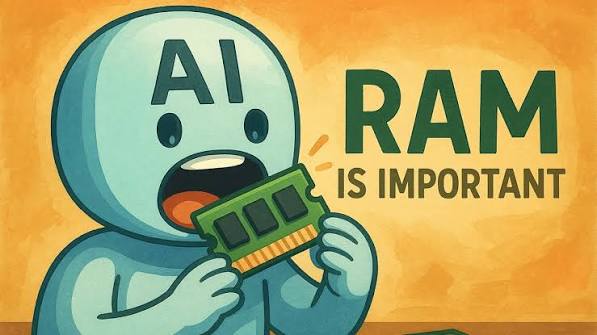 من موقع فون إسلام: تحاول شخصية كرتونية تحمل علامة «AI» أن تأكل شريحة ذاكرة RAM، مع ظهور النص «ذاكرة RAM مهمة» في الخلفية — في إشارة مرحة إلى أن حتى الأجهزة الذكية مثل آي-فون 18 برو تعتمد على ذاكرة قوية.