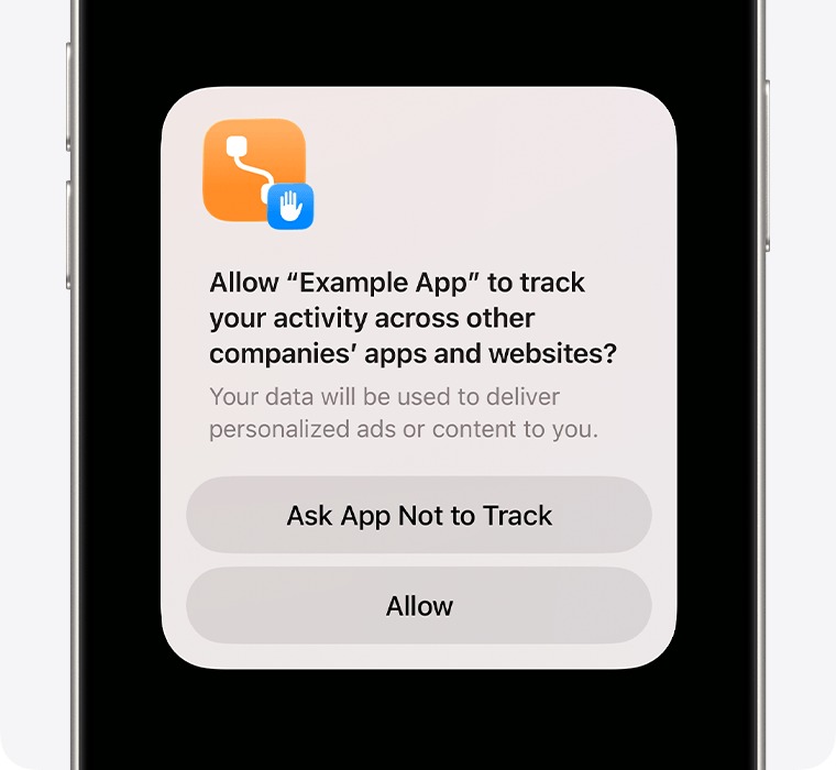 من موقع فون إسلام: تظهر على شاشة الهاتف الذكي رسالة تسأل عما إذا كان بإمكان تطبيق «Example App» تتبع النشاط عبر التطبيقات والمواقع الإلكترونية، مع خيارات تطلب من التطبيق عدم التتبع أو السماح بالتتبع، مما يعكس التركيز على إعدادات الخصوصية في آيفون التي تساعد المستخدمين على إدارة تفضيلاتهم المتعلقة بالخصوصية.