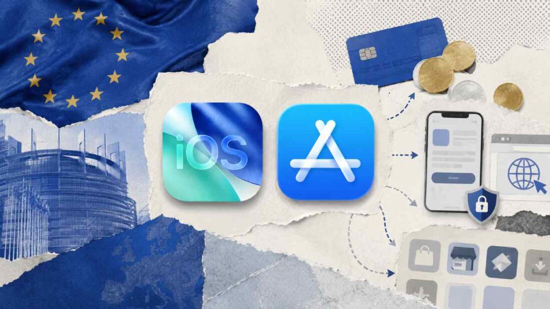 From Phonegram: A composite image showing iOS system icons, the App Store, the European Union flag, coins, a credit card, and a smartphone with security and internet icons, suggesting digital regulation or digital commerce in Europe, and reflecting the App Store terms in the European Union.