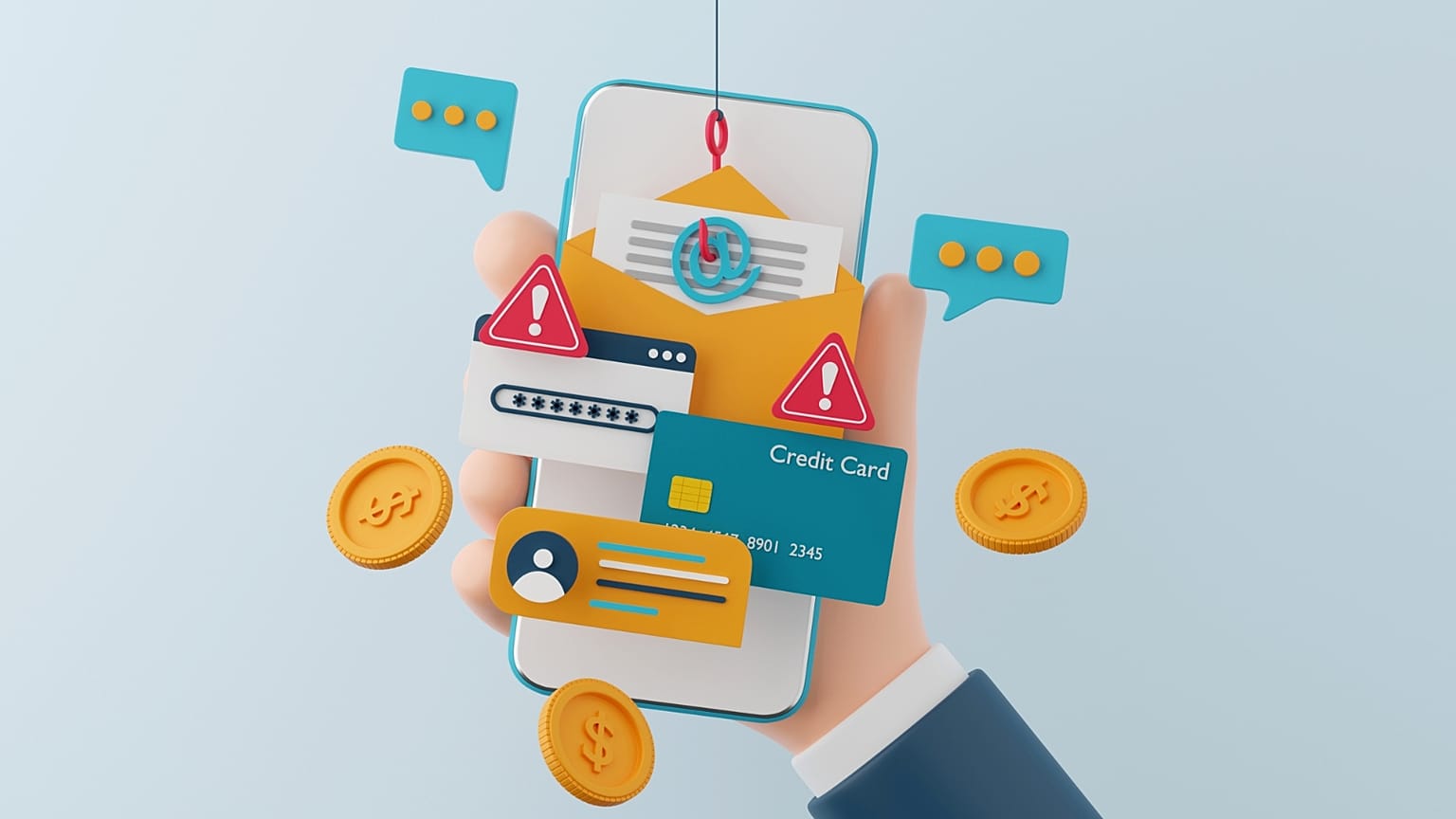 From Phonegram: A hand holds a smartphone displaying symbols indicating phishing, including a hook, an email, a credit card, a password, alert icons, and coins, representing cybersecurity threats — a timely reminder given the App Store terms in the European Union aimed at enhancing user protection from these risks.