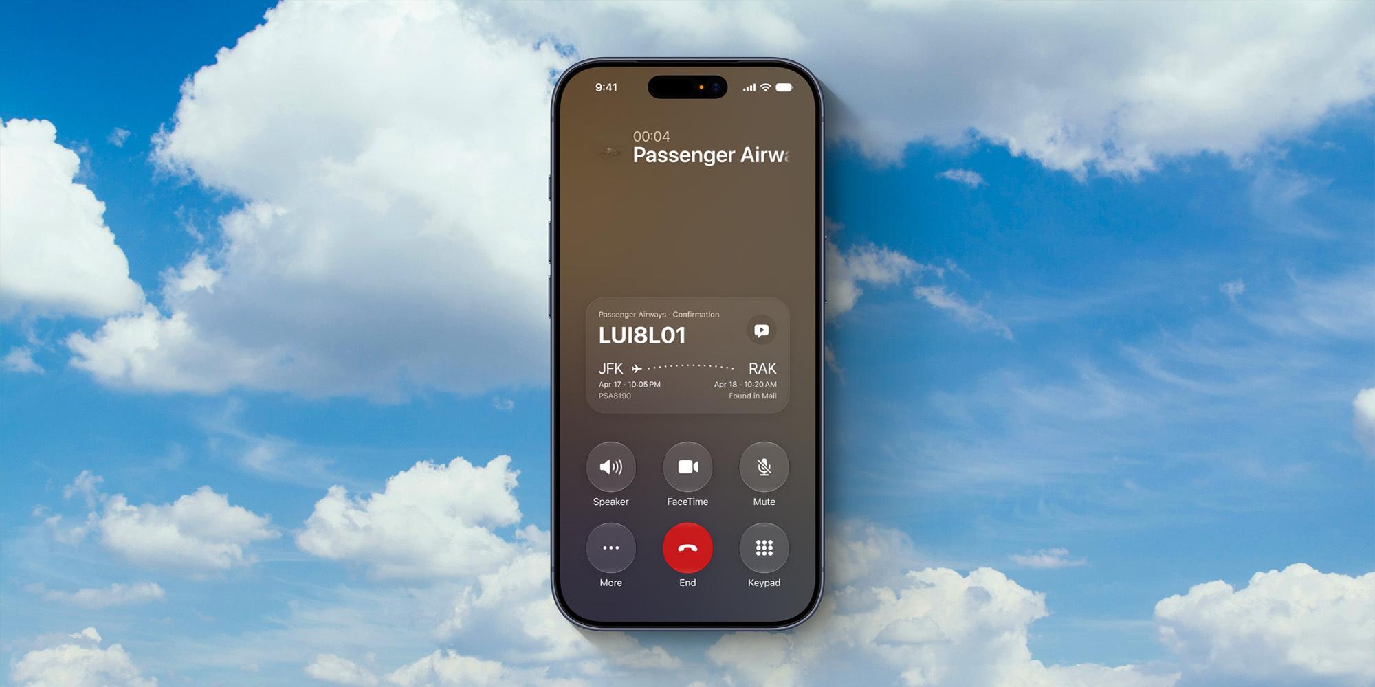 من موقع فون إسلام: تُظهر شاشة هاتف ذكي مكالمة جارية مع عبارة «Passenger Airw:» وتفاصيل الرحلة «LUI8L01» على خلفية من السماء الزرقاء والسحب، مما يسلط الضوء على ميزات نظام iOS 27 في «FaceTime» والتطبيقات الهاتفية المصممة لتعزيز تجربة الاتصال أثناء السفر.