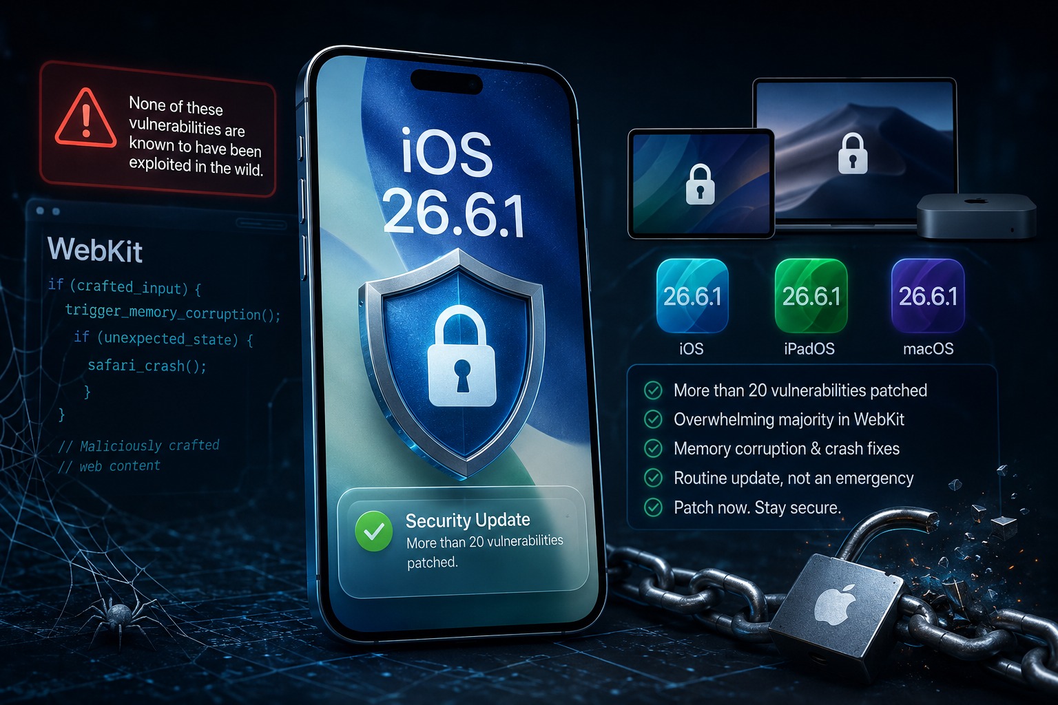 من موقع فون إسلام: جهاز iPhone يعرض التحديث الأمني «تحديث iOS 26.6.1»، مع أيقونات لتحديثات iPadOS وmacOS، ورسومات توضح الثغرات الأمنية التي تم إصلاحها في WebKit. تظهر صور لأجهزة Apple وشاشة القفل.