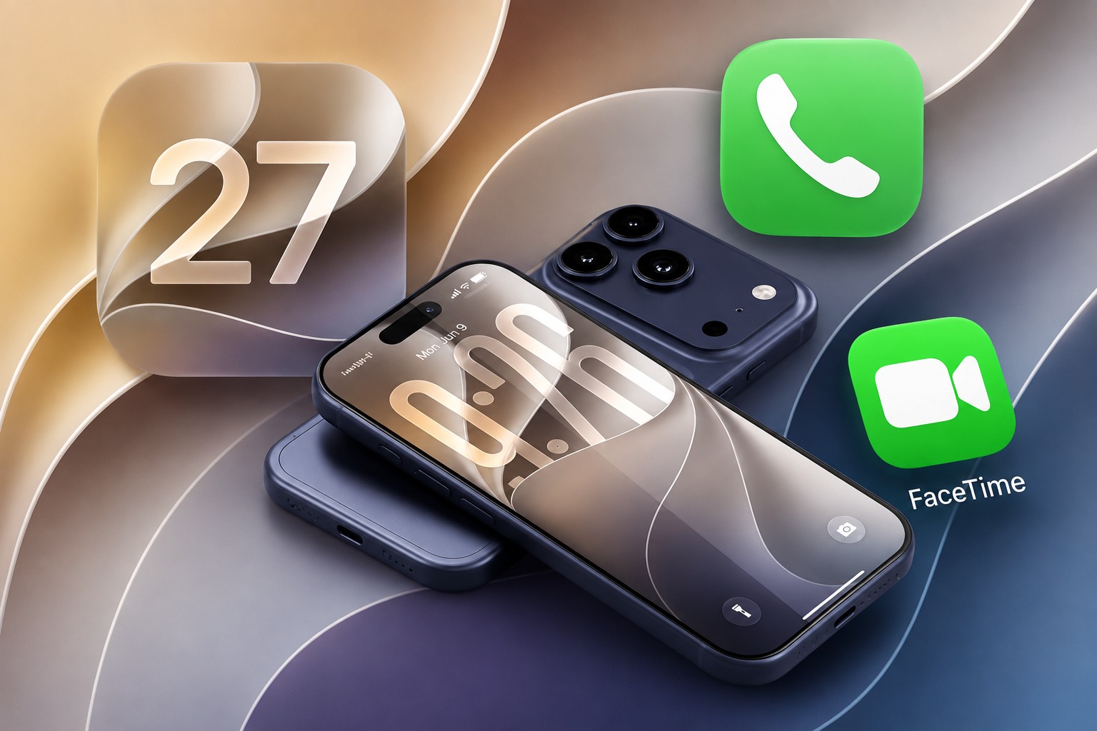 من موقع فون إسلام: يظهر هاتفان ذكيان حديثان مع شعار iOS 17 وأيقونات تطبيقي «الهاتف» و«FaceTime» على خلفية مصممة بشكل فني، مما يسلط الضوء على بعض ميزات iOS 17 الجديدة في تطبيقي «FaceTime» و«الهاتف».