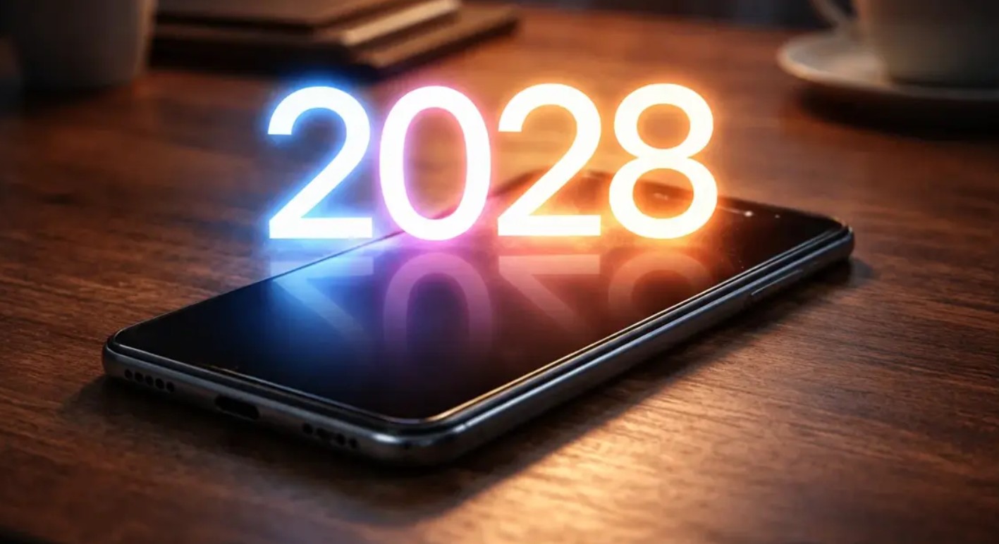 من موقع فون إسلام: يستقر جهاز آي-فون 2028 أنيق على طاولة خشبية، وتطفو فوقه أرقام متوهجة تشير إلى «2028»، مما يوحي بموضوع مستقبلي أو رقمي.