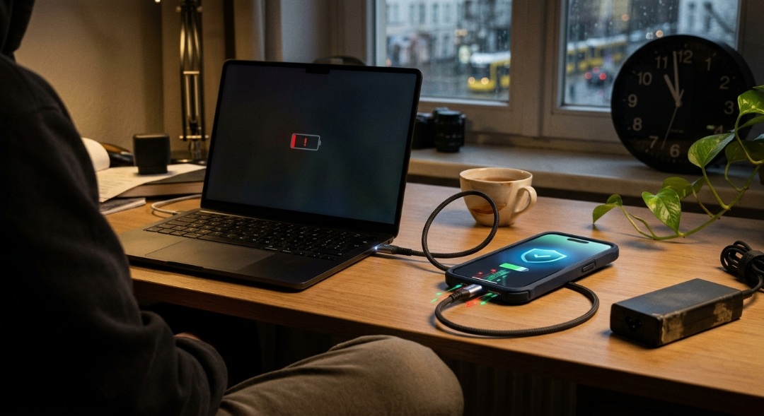 من موقع فون إسلام: يجلس شخص على مكتب أمامه جهاز «ماك بوك» (MacBook) شبه فارغ البطارية، ويجري شحنه عبر شاحن محمول. وتوجد على المكتب أيضًا ساعة وكوب وكاميرا ونبتة، مع نافذة في الخلفية — وهي حيلة ذكية للحفاظ على الإنتاجية عندما لا تتوفر منافذ كهربائية في الجوار.
