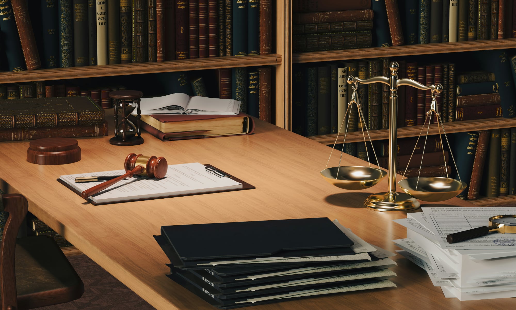من موقع فون إسلام: مكتب خشبي تظهر في الخلفية عليه وثائق قانونية، ومجلدات، ومطرقة قاضي، ولوحة تدوين، وساعة رملية، وميزان، ورفوف مليئة بالكتب.