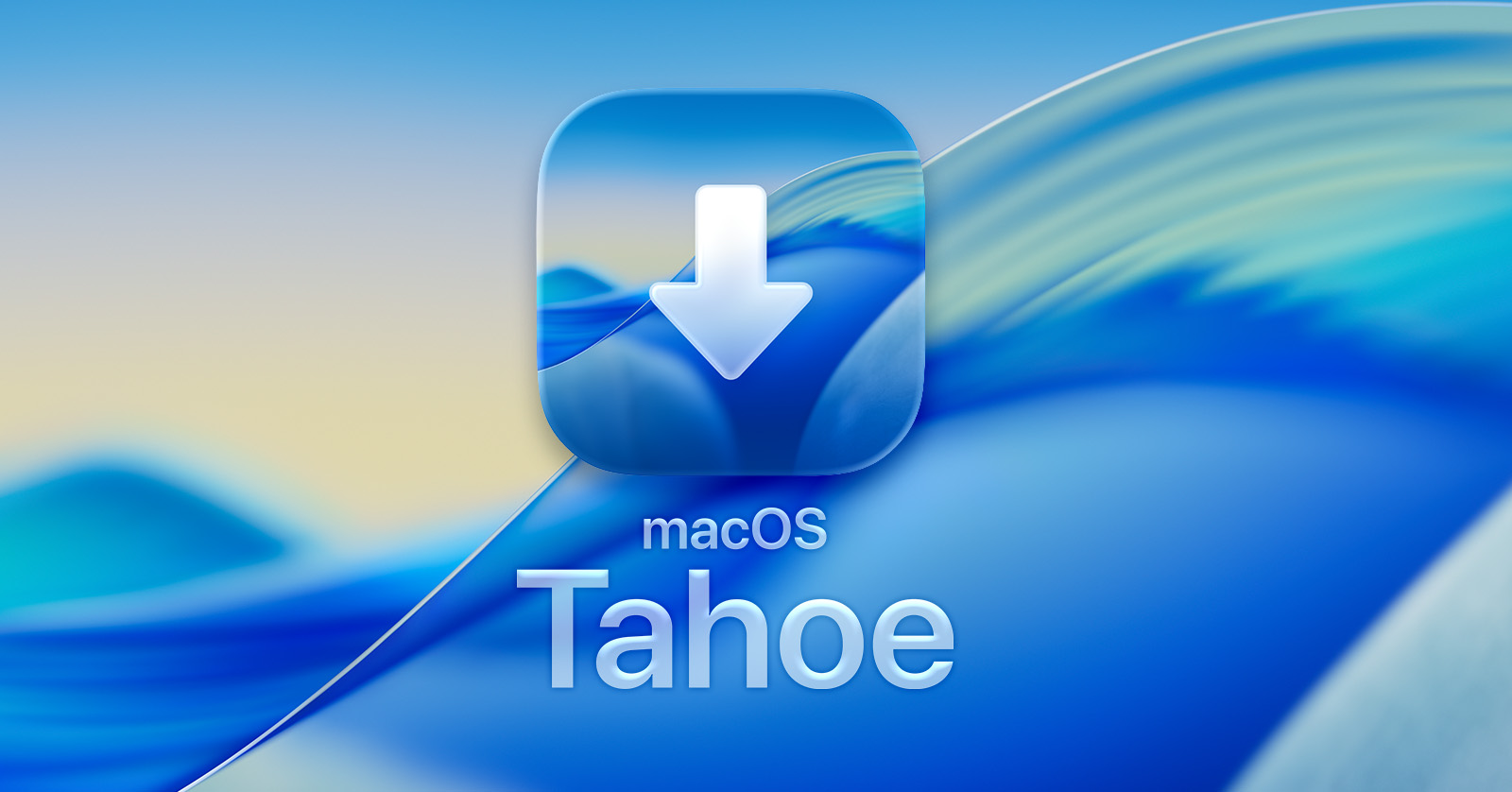 من موقع فون إسلام: شعار MacOS Tahoe مع رمز سهم متجه لأسفل على خلفية تجريدية باللونين الأزرق والأصفر، مستوحى من التسريبات الأخيرة لشركة آبل.