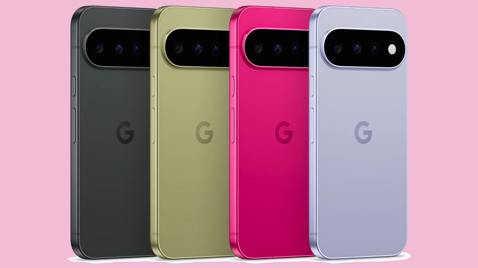 من موقع فون إسلام: تُعرض أربعة هواتف ذكية من طراز Pixel 11 باللون الأسود والأخضر والوردي والأرجواني في وضع قائم، بحيث تظهر جوانبها الخلفية المزودة بأشرطة الكاميرا، على خلفية وردية فاتحة.