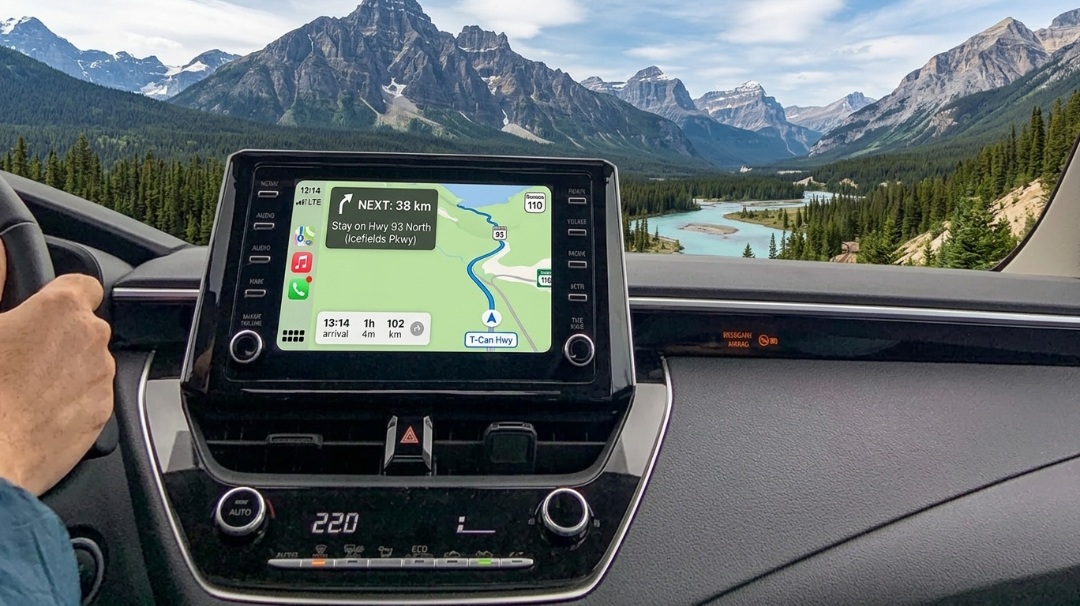 من موقع فون إسلام: لوحة قيادة سيارة مع نظام ملاحة GPS معروض على «الخط الأحمر» في خرائط آبل، تُظهر مسارًا بالقرب من الجبال والغابة ونهر، مع يد السائق على عجلة القيادة.