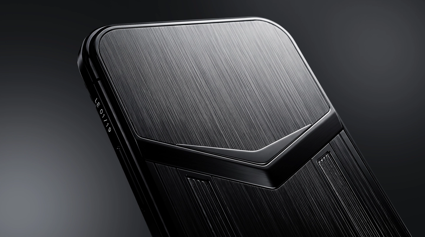 The back of the Supersonic phone made of black titanium