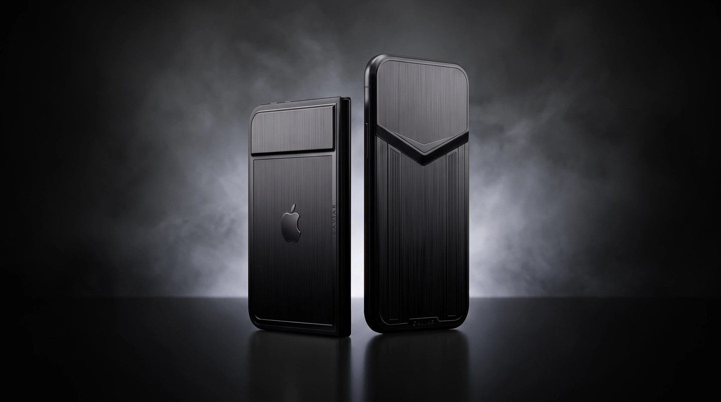 From the Phonegram website: Two sleek black smartphones stand vertically on a dark surface in front of a smoky, illuminated background, highlighting their brushed metal backs with minimalist designs.
