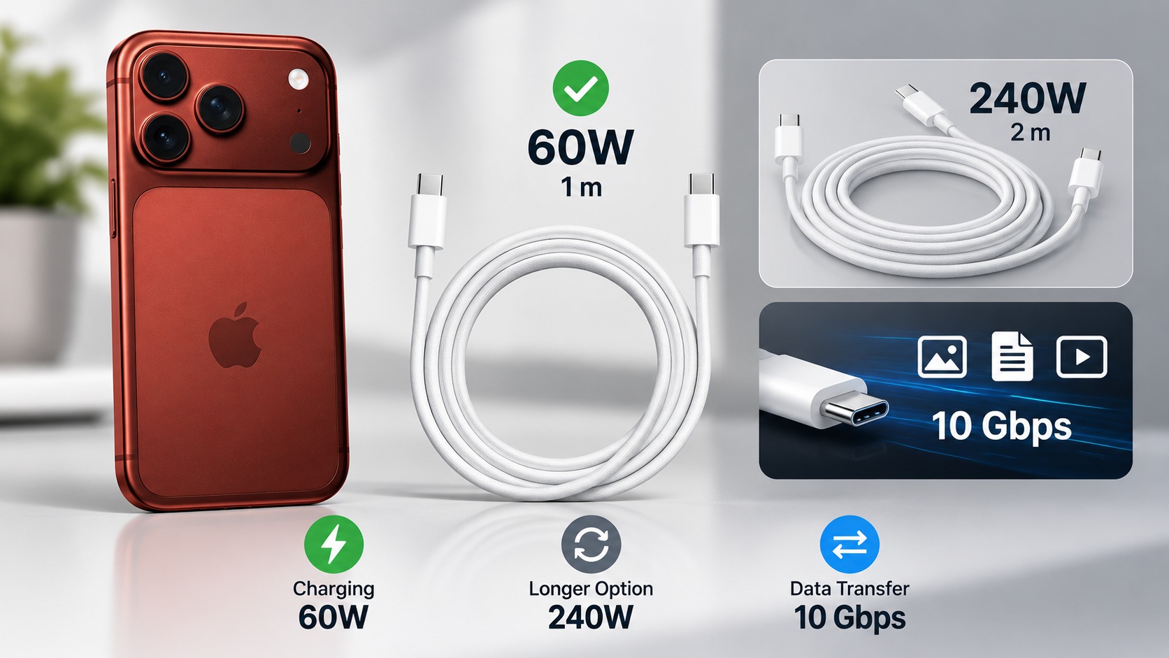 من موقع فون إسلام: يظهر في الصورة هاتف ذكي أحمر وكابلات USB-C؛ وتشمل الميزات الشحن السريع بقدرة 60 واط، وخيار كابل أطول بقدرة 240 واط، وسرعة نقل بيانات تبلغ 10 جيجابت في الثانية — مما يجعلها مثالية لأجهزة مثل آي-فون 18 برو.
