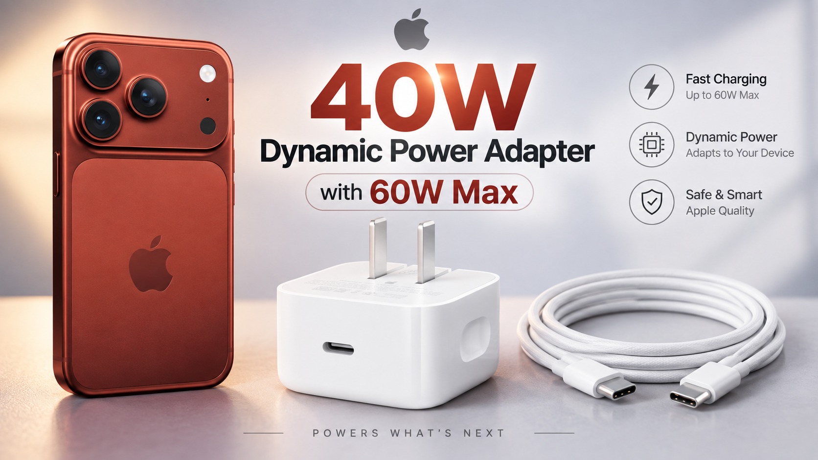 من موقع فون إسلام: يظهر هاتف آيفون أحمر اللون ومحول طاقة أبيض وكابل شحن USB-C، مع نص يسلط الضوء على محول طاقة ديناميكي بقدرة 40 واط، وإخراج أقصى يبلغ 60 واط، وميزات الشحن السريع لـ آيفون 18 برو.