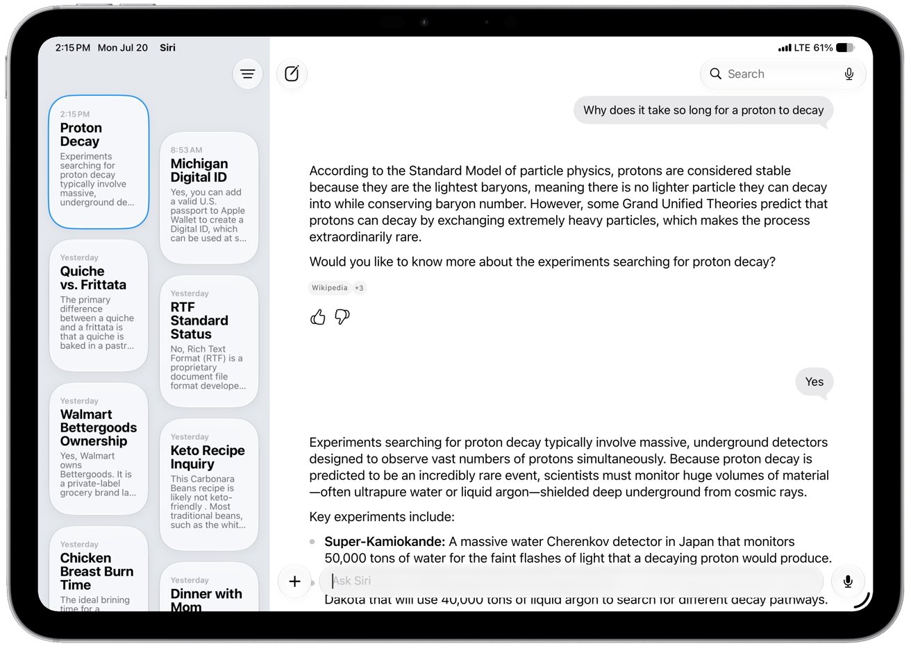 Siri app interface on an iPad during a lengthy scientific discussion
