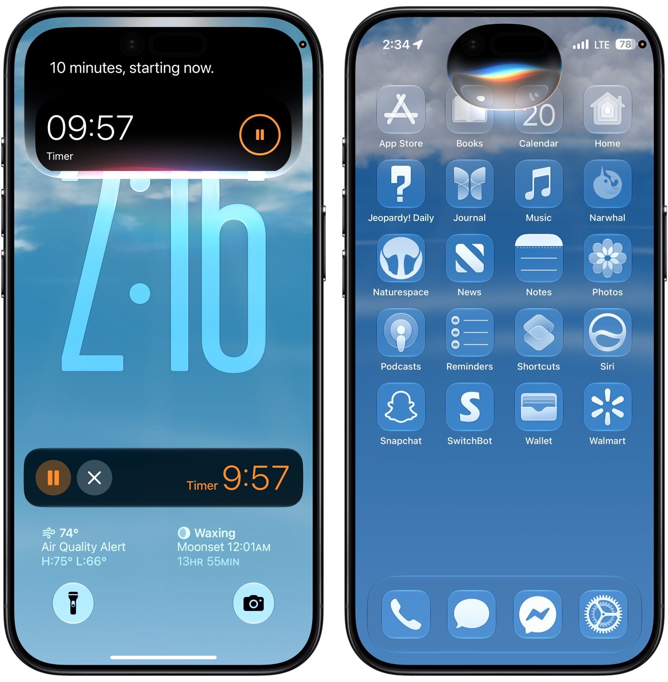 iPhone screen showing a timer and the lock screen for quick commands