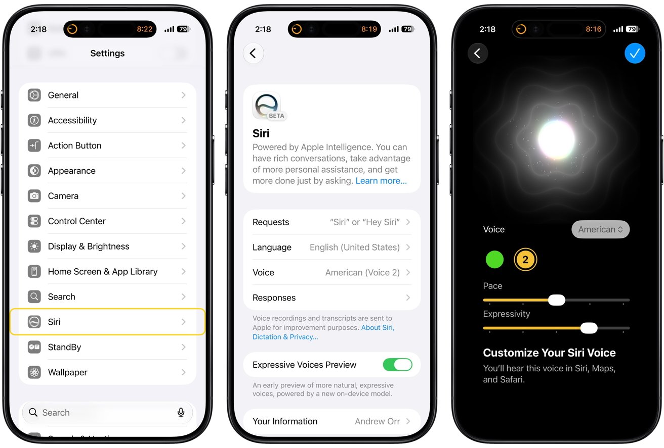 Siri settings screens and voice/appearance customization in the new update