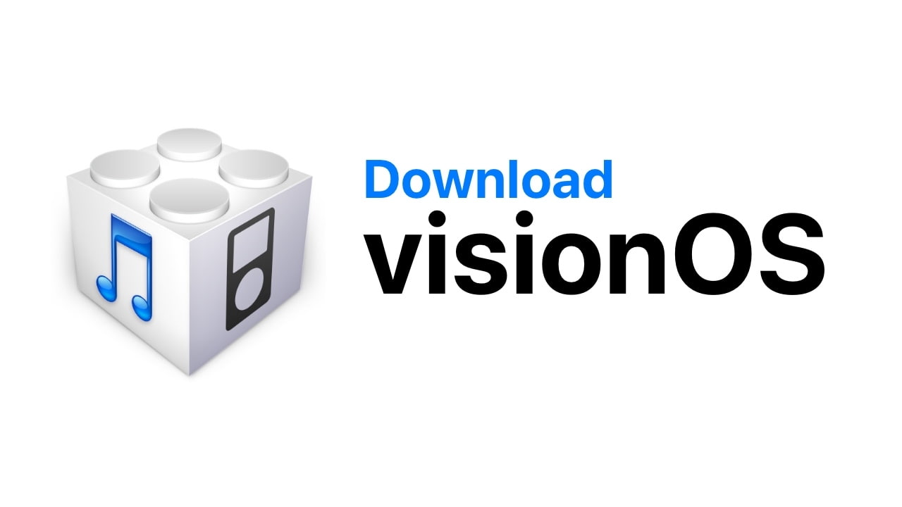 من موقع فون إسلام: مكعب أبيض مع أيقونات للموسيقى والأجهزة بجانب النص «تنزيل visionOS» بأحرف سوداء وزرقاء على خلفية بيضاء.