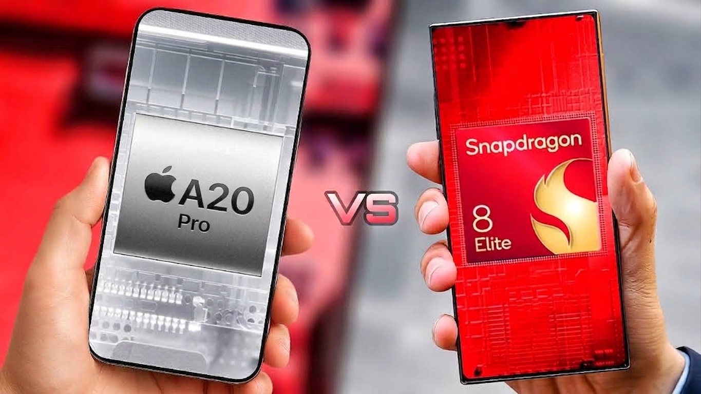 من موقع فون إسلام: يدان تحملان هاتفين ذكيين جنبًا إلى جنب، تظهر إحداهما شريحة Apple A20 Pro — المُستخدمة في هاتف آي-فون 18 برو ماكس القوي — والأخرى شريحة Snapdragon 8 Elite، مع وجود حرفي «VS» في الوسط.