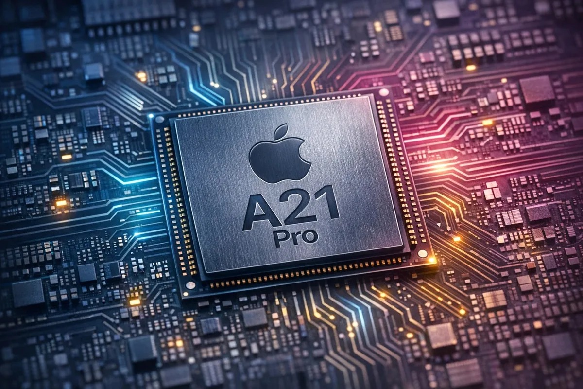 من موقع فون إسلام: تم تركيب شريحة كمبيوتر تحمل اسم «Apple A21 Pro» على لوحة دوائر كهربائية ذات مسارات مضيئة، مما يشير إلى دورها في تشغيل آي-فون 18 برو.