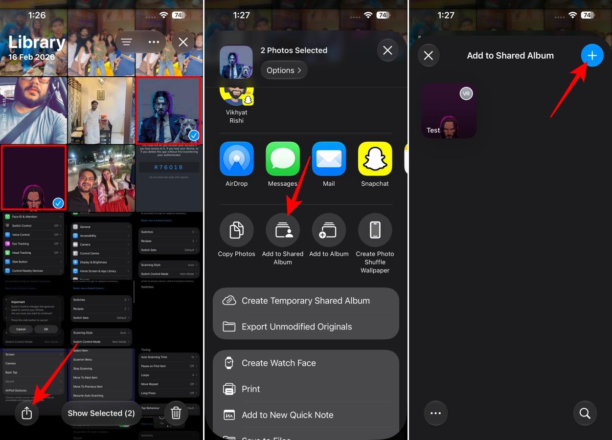 From Phonegram website: A screenshot from an iPhone showing the steps to add photos to a shared album in the Photos app in iOS 27: Select photos, tap 'Share', choose 'Add to Shared Album', then tap the plus icon to create an album or add photos to it.