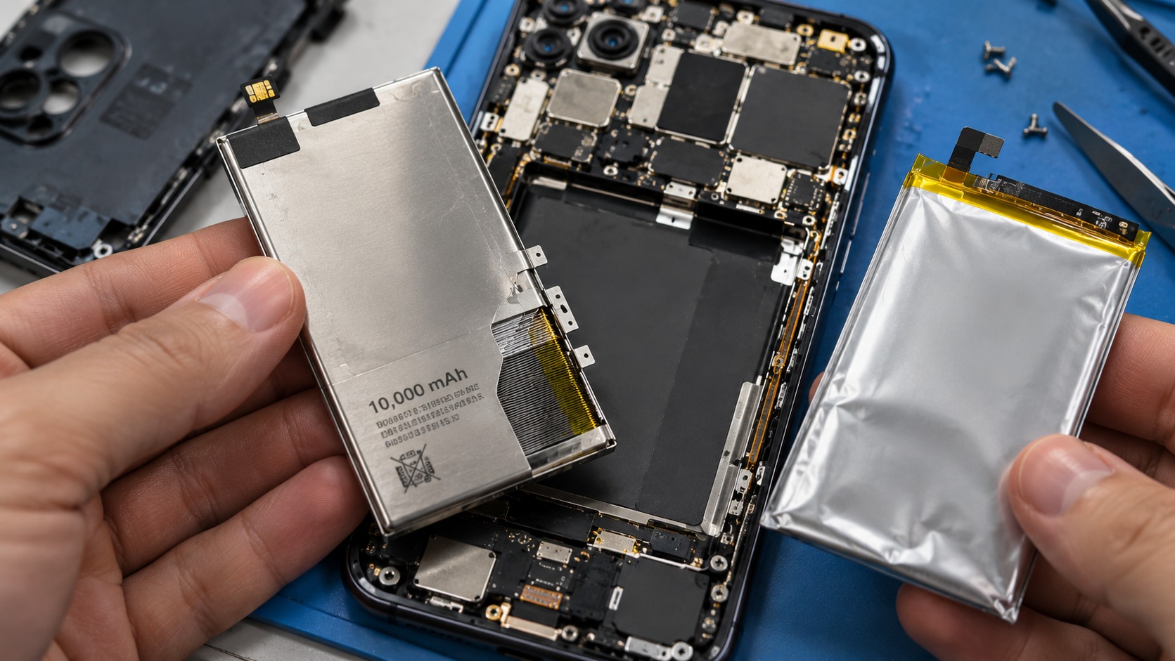 From Phonegram: A person is shown holding two phone batteries, one of which is large and labeled '10,000 mAh Android phone batteries,' next to a disassembled smartphone showing its internal components.