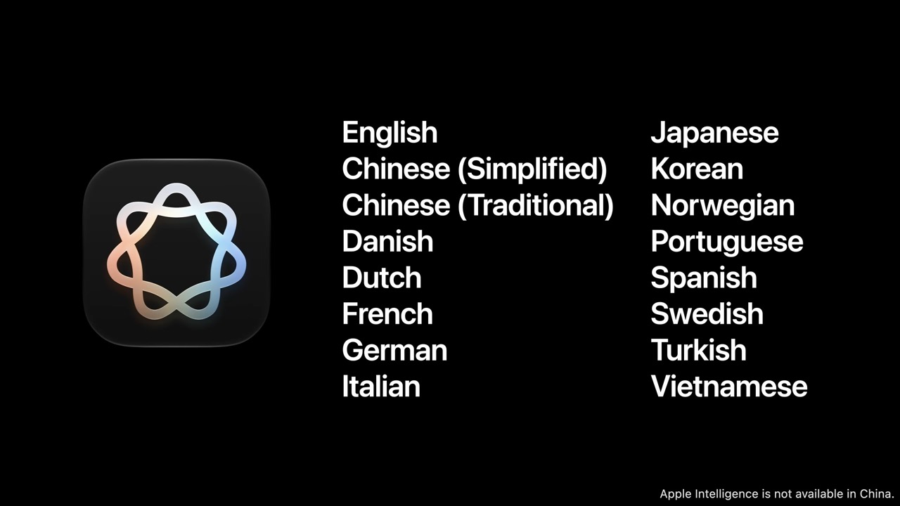من موقع فون إسلام: رمز «Apple Intelligence» على اليسار؛ واللغات المدعومة مدرجة على اليمين، بما في ذلك الإنجليزية، والصينية، والفرنسية، والألمانية، واليابانية، والكورية، والإسبانية، وغيرها. ويشير النص إلى أن الخدمة غير متوفرة في الصين.