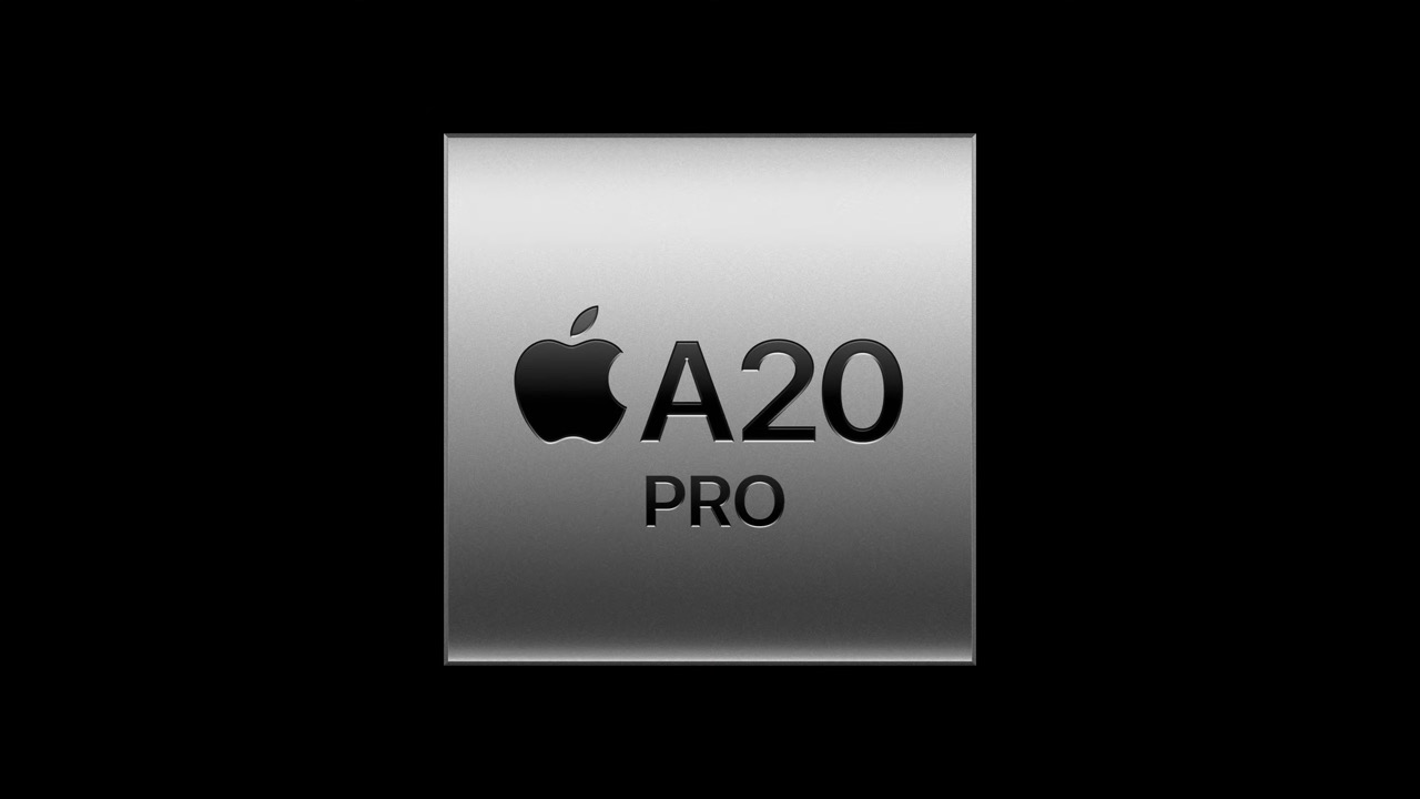 من موقع فون إسلام: رقاقة فضية يحمل شعار «Apple» والنص «A20 PRO» محفورين عليها، على خلفية سوداء.
