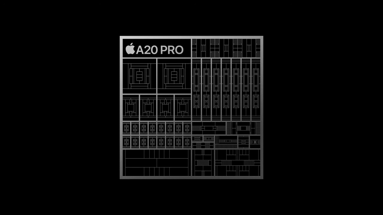 من موقع فون إسلام: رسم تخطيطي لتصميم شريحة Apple A20 Pro مع أجزاء محددة بخطوط وخلفية سوداء.