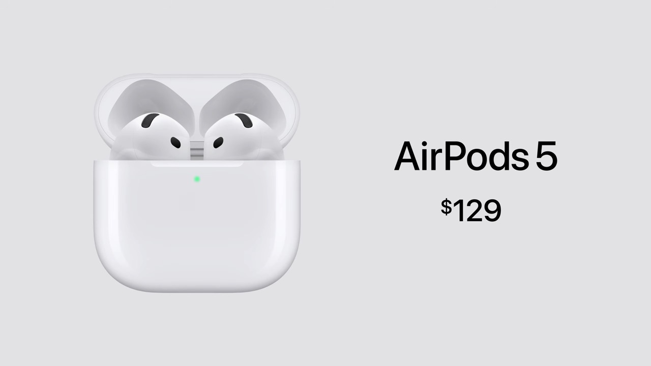 من موقع فون إسلام: تظهر سماعات أذن لاسلكية بيضاء داخل علبة شحن مفتوحة بجانب النص «AirPods 5 129 دولارًا» على خلفية رمادية فاتحة.