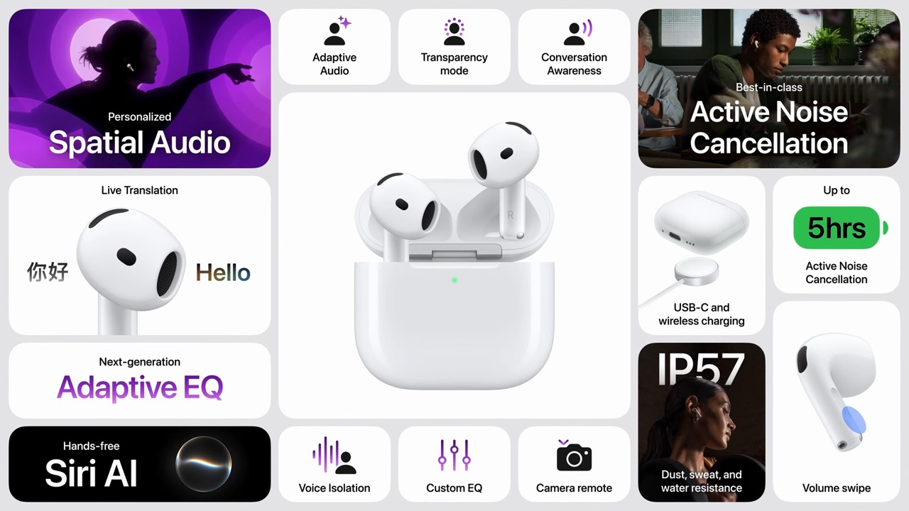 من موقع فون إسلام: تتضمن الرسوم البيانية الخاصة بسماعات «AirPods» من «آبل» عرضًا للصوت المكاني، والترجمة، والمعادل الصوتي التكيفي، وإلغاء الضوضاء، وبطارية تدوم حتى 5 ساعات، وتصنيف IP57، و«سيري» المدعومة بالذكاء الاصطناعي، وعزل الصوت، والمعادل الصوتي المخصص، والتحكم عن بُعد بالكاميرا.