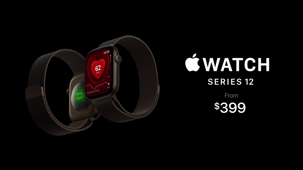 من موقع فون إسلام: صورة لساعة «Apple Watch Series 12» مع شاشة عرض معدل ضربات القلب ومستشعر، بسعر يبدأ من 399 دولارًا، على خلفية سوداء مع شعار «Apple» ونص وصف المنتج.