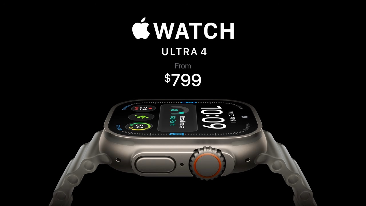 من موقع فون إسلام: تظهر ساعة «Apple Watch Ultra 4» ذات الهيكل الفضي والتاج البرتقالي مع عرض مؤشرات اللياقة البدنية على الشاشة. ويظهر النص «WATCH ULTRA 4 ابتداءً من 799 دولارًا» على خلفية سوداء.