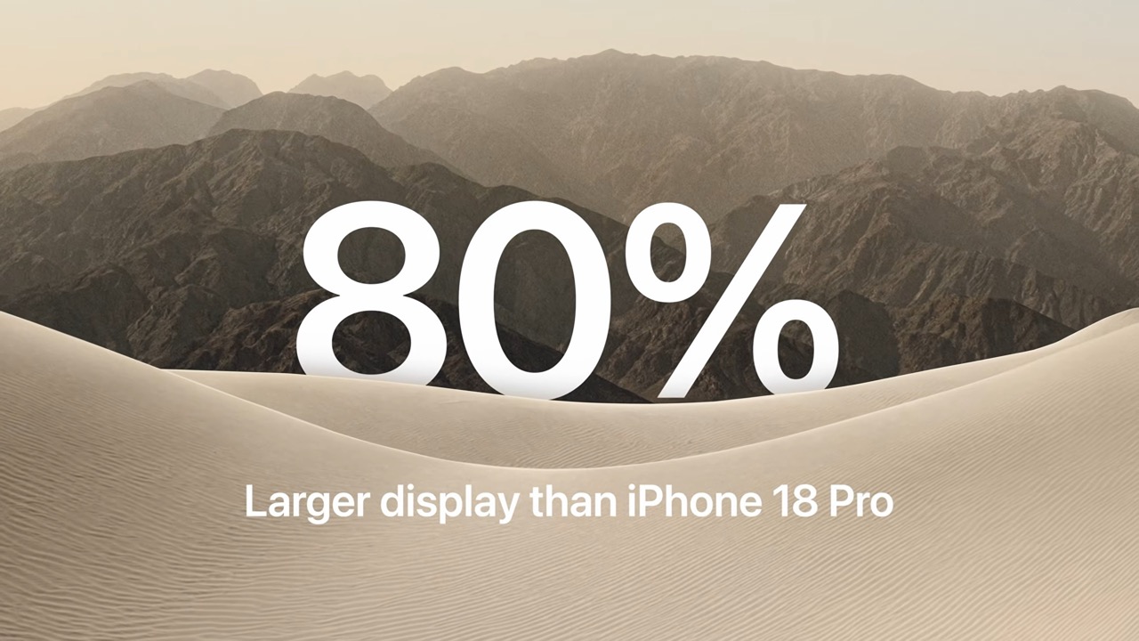 من موقع فون إسلام: نص «80٪» و«شاشة أكبر من شاشة iPhone 18 Pro» يظهران فوق منظر صحراوي مع جبال في الخلفية تحت سماء ضبابية.