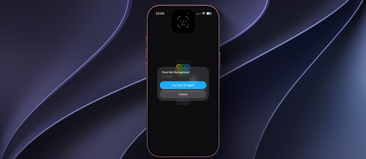من موقع فون إسلام: تظهر شاشة هاتف آيفون رسالة خطأ في ميزة «Face ID» تقول «لم يتم التعرف على الوجه»، مع خيارين هما «المحاولة مرة أخرى» أو «الإلغاء»، وذلك بعد تحديث نظام iOS 27.0.1، على خلفية تجريدية داكنة.